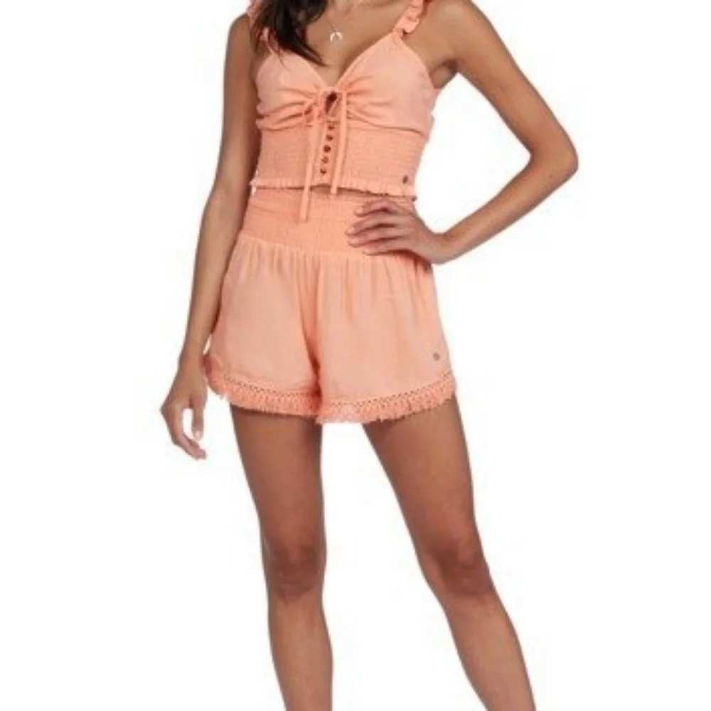 Roxy Peach Smocked Waist Fringe Trim Boho Beach Shorts Womens Medium